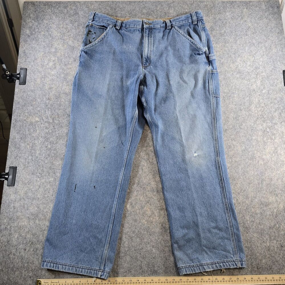 Duluth Trading Ballroom Carpenter Jeans Mens 44x32 Light Wash Blue Denim *flaws*